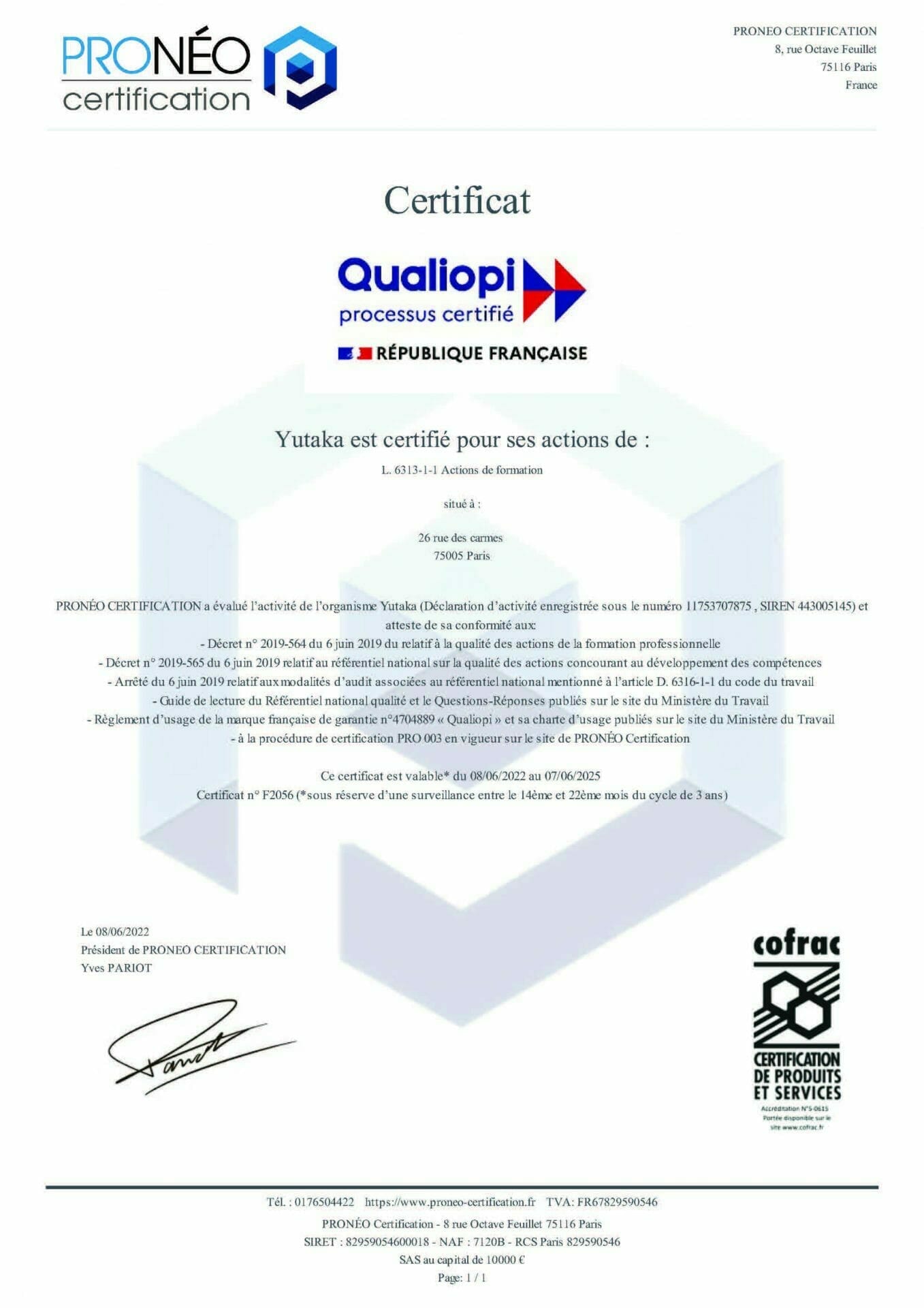 certificat qualiopi yutaka